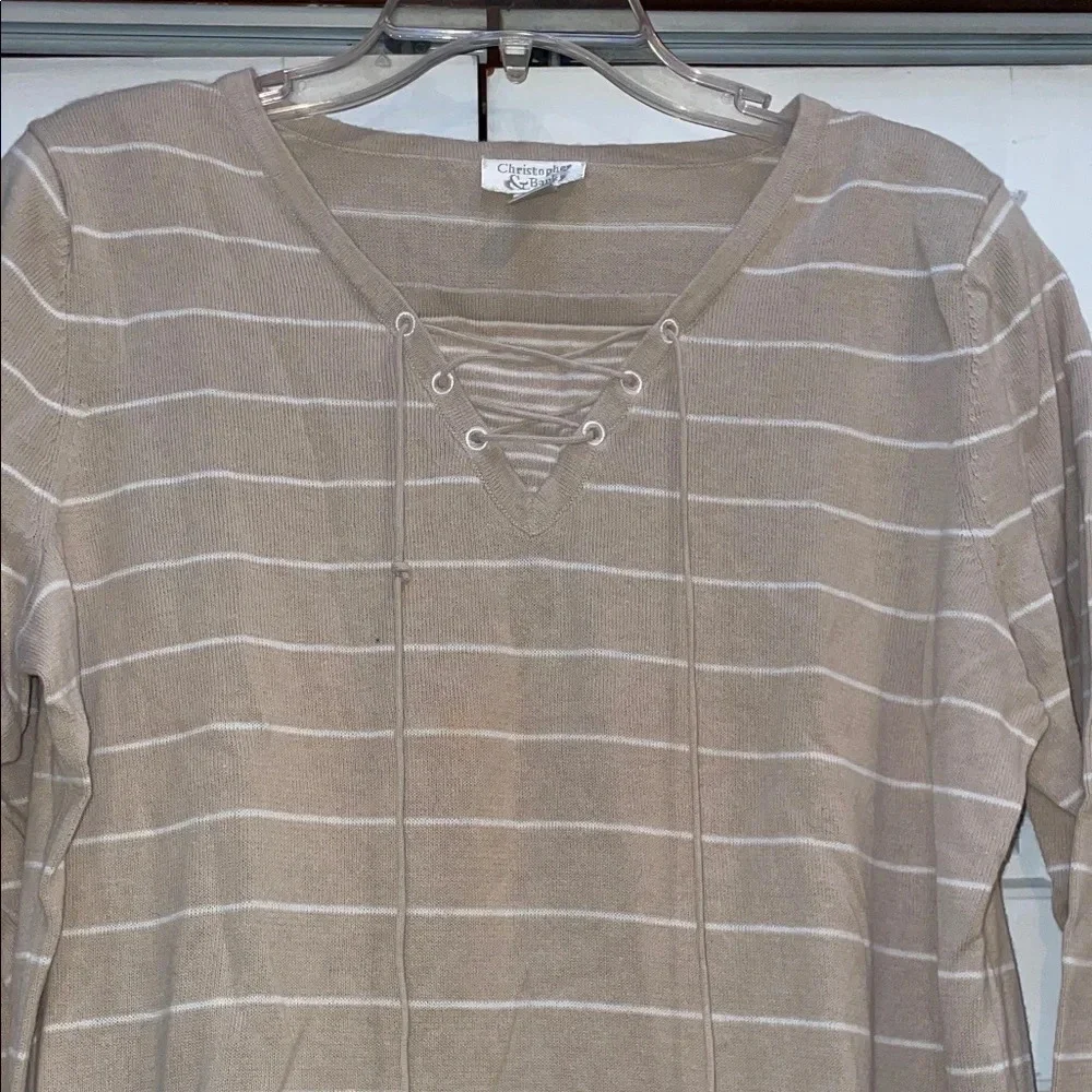 Christopher & Banks Beige Striped Lace-Up Long Sleeve Tee - Picture 4 of 7